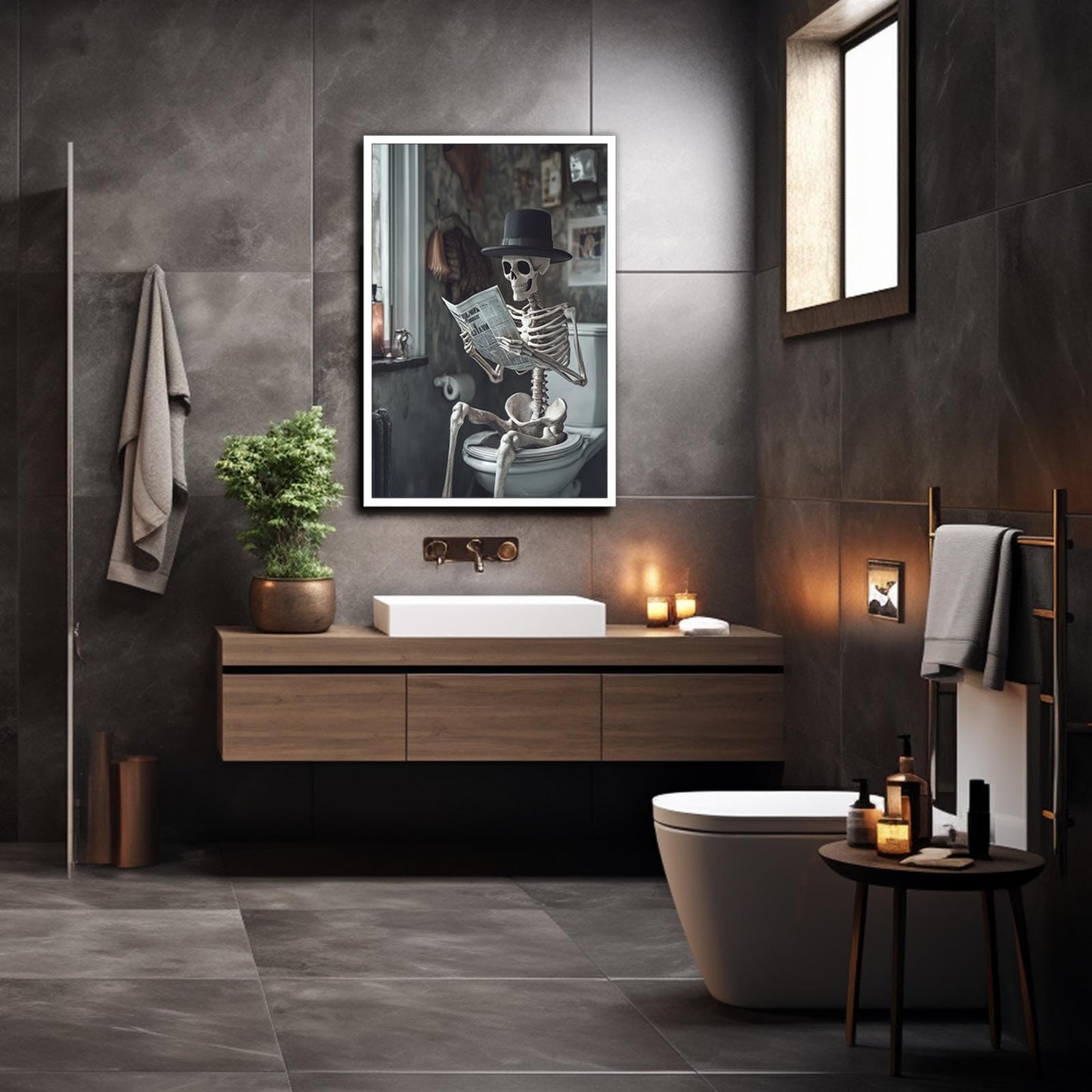 Funny Horror Skeleton Reading A Newspaper In The Toilet Print Picture Poster Whimsical Creepy Canvas Painting Wall Art Home Bathroom Room Decor Aesthetics 12X18 in Unframed