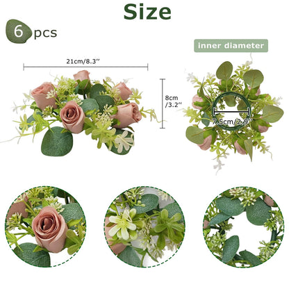 OrgMemory 6 Pcs Candle Rings, Artificial Eucalyptus Leaves Wreath, Pillar Candle Holder for Wedding Home Door Tabletop Decoration, Small Candle Rings Wreaths(Dusty Rose)