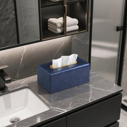 MEIBOOCH PU Leather Tissue Box Cover Rectangular Tissue Box Holder for Boxes Up to 3.9" Tall, Decorative Rectangle Tissue Cover for Bathroom Living Room Car Office (Navy Blue)
