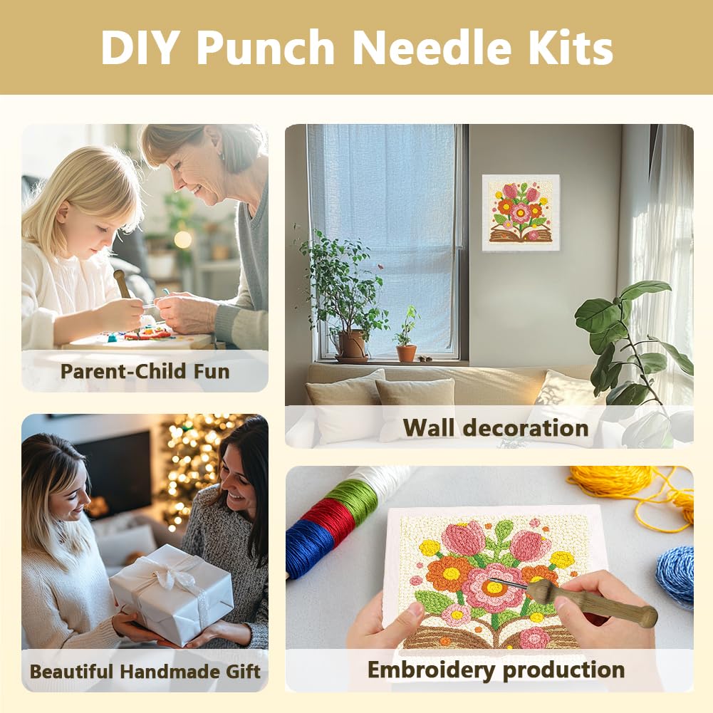 DOODLREAM Bouquet on Book DIY Punch Needle Embroidery Kit for Adult Beginner, 9.4" Flowers and Book Punch Stitching Craft Set for Starter with Frame, Fabric Pattern, Threader, Yarn, Punch Needle