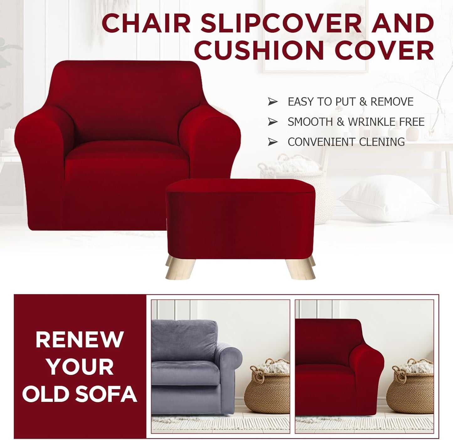 HunnmingRe Set Chair and Ottoman Covers Slipcover Armchair Cover T Cushion Chair Slipcover Milk Silk Sofa Furniture