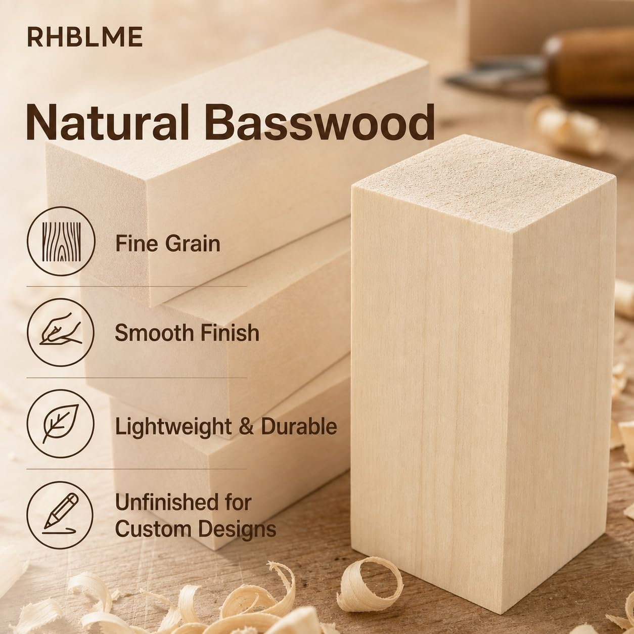 RHBLME 40 PCS Basswood Carving Blocks, 4" x 1" x 1" Unfinished Wood Blocks for Carving, Wooden Cubes Soft Solid Wooden Basswood for Wood Carving Beginners or Expert Carvers and Whittling