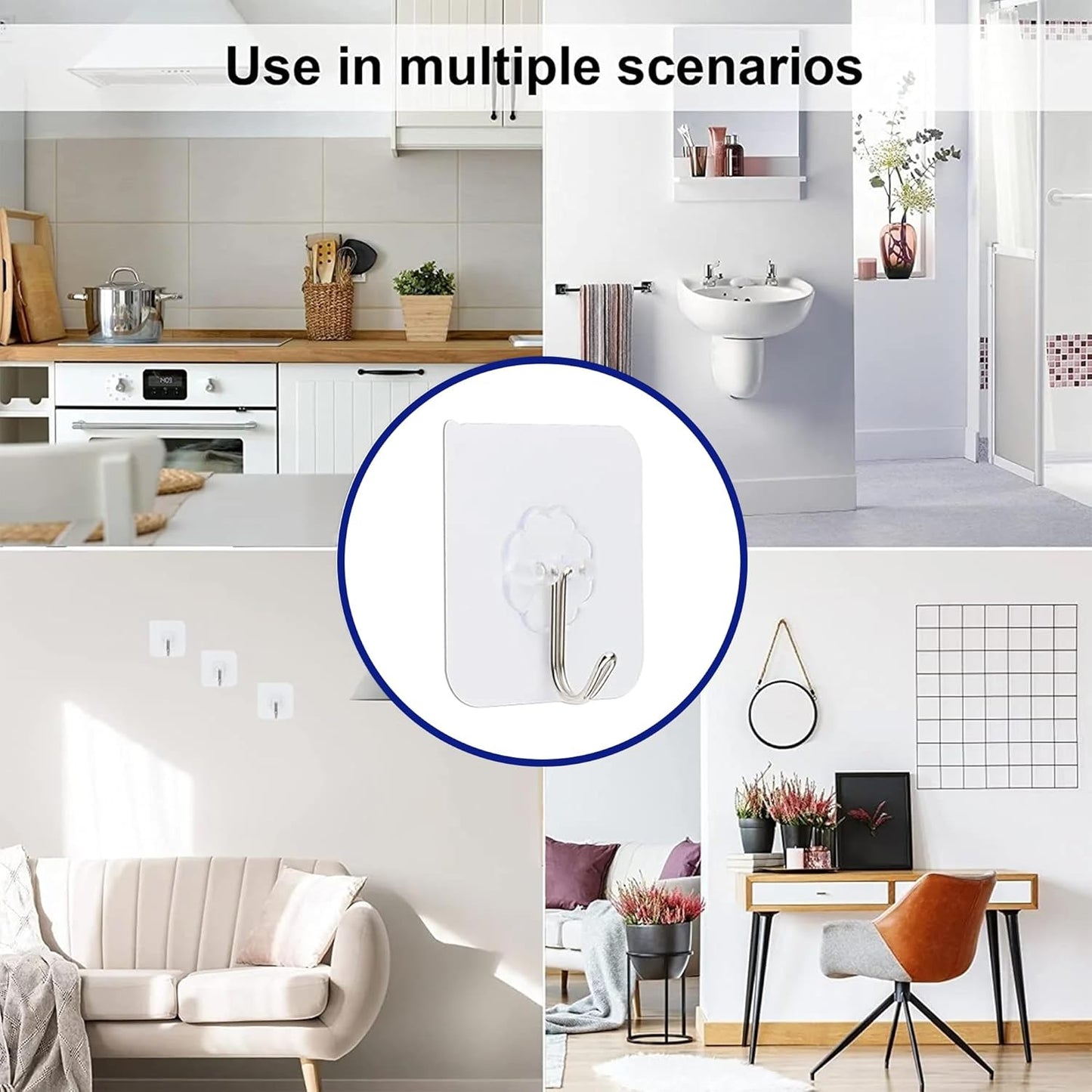 Adhesive Hooks - Heavy-Duty Self-Adhesive Transparent Wall Hooks for Bathroom & Kitchen | 50 Pack