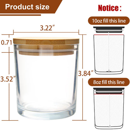 CONNOO 12Pack 10 OZ Clear Glass Candle Jars with Bamboo Lids for Making Candles, Large Size Empty Candle Tins with Wooden Lids, Bulk Clean Candle Containers - Dishwasher Safe