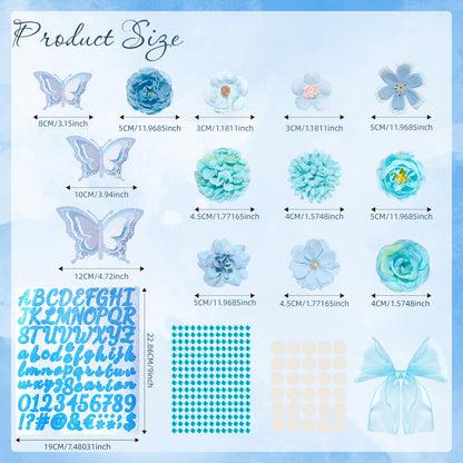 39Pcs Graduation Cap Decorations Kit Blue Artificial Flowers 3D Butterfly Stickers Blue Satin Bow Glitter Rhinestones Alphabet Letter Number Stickers for 2026 Graduation Party Supplies