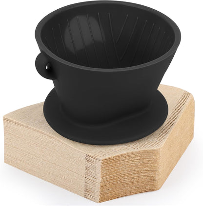 Segarty Pour Over Coffee Maker, Single Cup Black Silicone Dripper Set with 200PCS Cone Filters for Home Travel