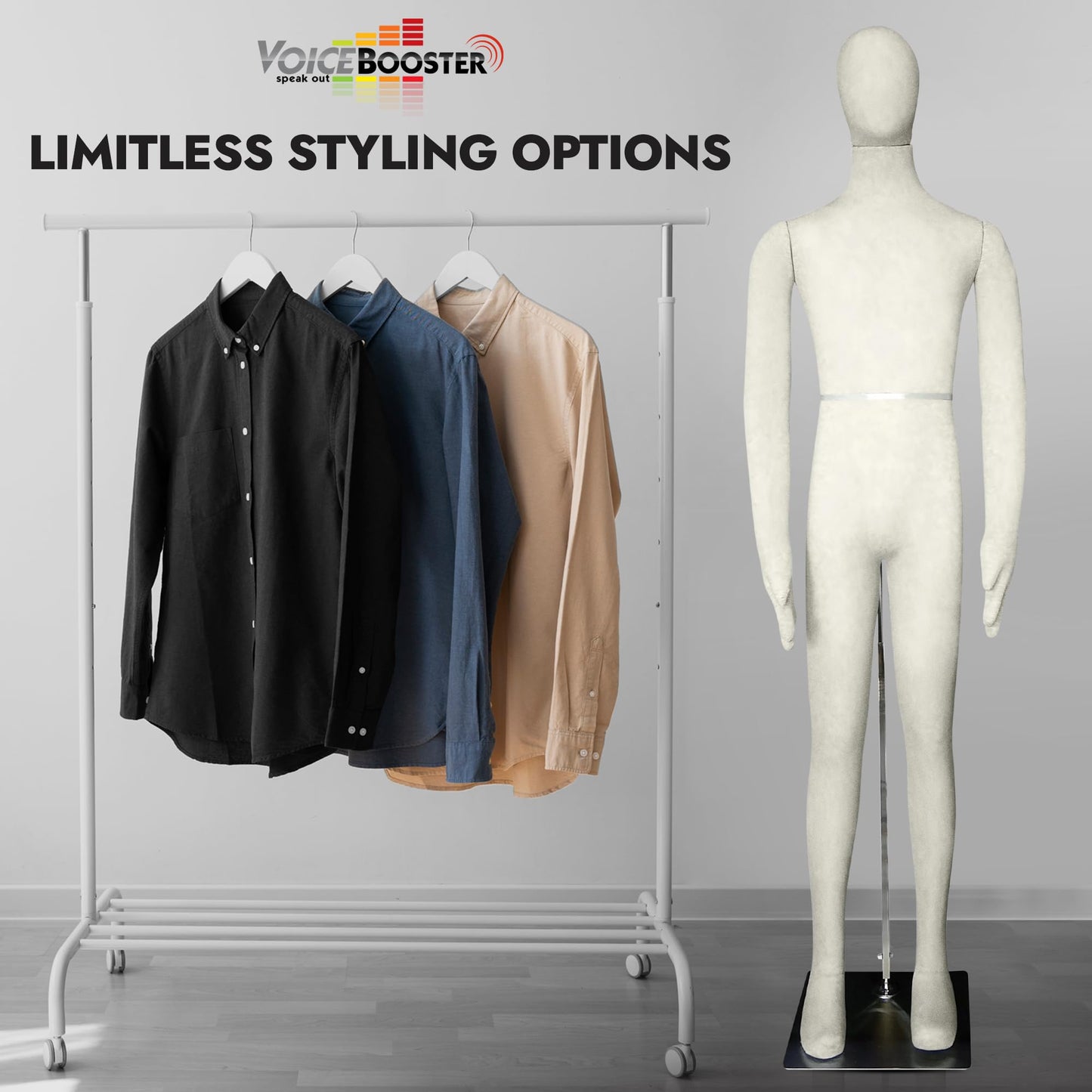 Full Body Male Mannequin by Voicebooster Speak Out - Flexible, Bendable, Poseable Standing Model with Adjustable Arms - Soft Foam Dress Form for Costumes, Clothing Display, Sewing - Beige/White