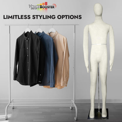 Full Body Male Mannequin by Voicebooster Speak Out - Flexible, Bendable, Poseable Standing Model with Adjustable Arms - Soft Foam Dress Form for Costumes, Clothing Display, Sewing - Beige/White