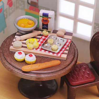 Miniature Dollhouse Kitchen Baking Set with Rolling Pin, Mixing Bowl, Bread Molds, Checkered Mat, Food Preparation Board, Photography Props