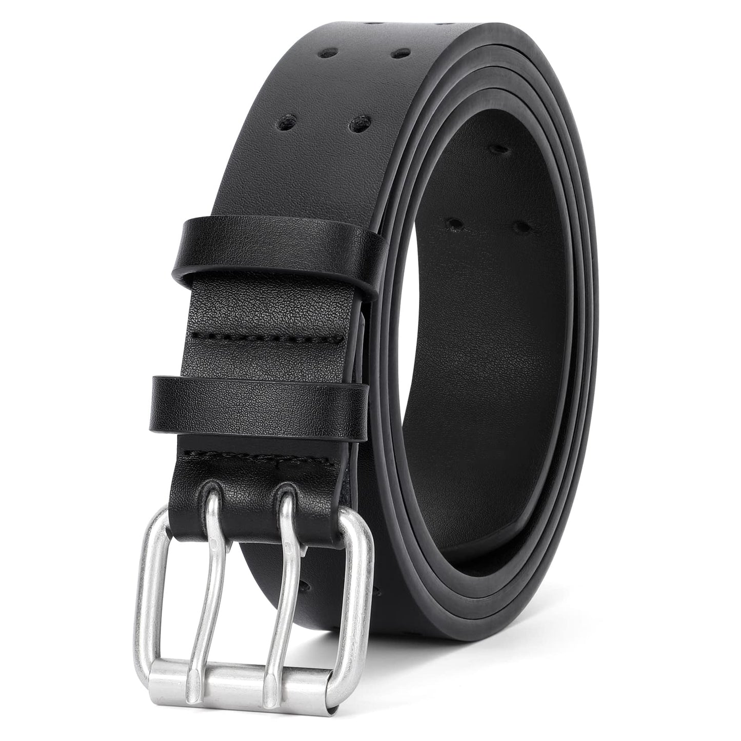JASGOOD Men Double Prong Leather Belt Casual Work Heavy Duty Belt Double Grommet Holes Belt for Jeans (Black,Suit for Waist Size Below 51")