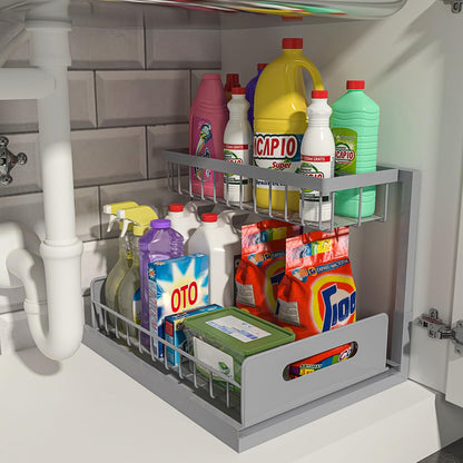REALINN Under Sink Organizer, Pull Out Cabinet Organizer 2 Tier Slide Out Sink Shelf Cabinet Storage Shelves, Storage for Kitchen Bathroom, Grey, 1 Pack