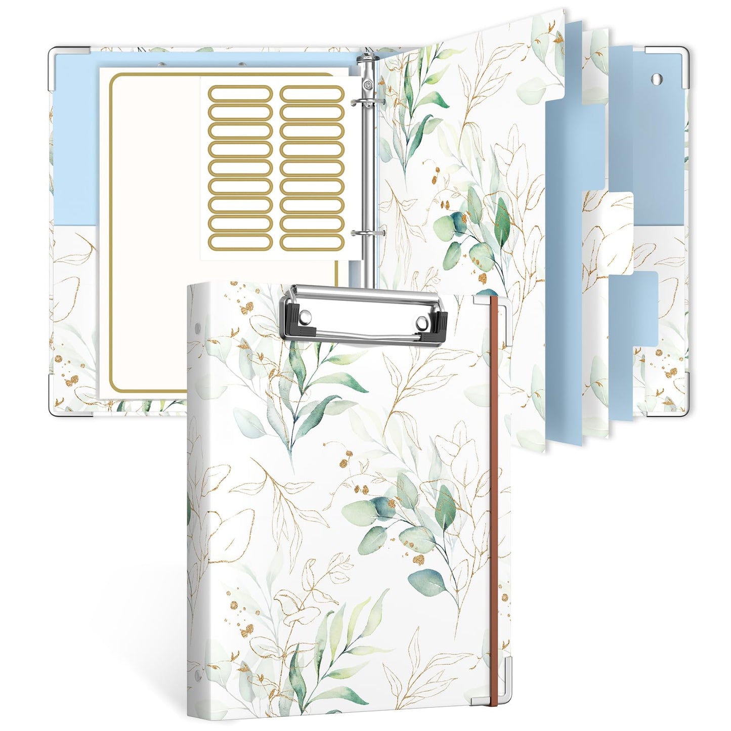 Rouidr Mini 3 Ring Binder with Clipboard, 1 inch Round 8.5 x 5.5 in Cute Binders Organizer with 5 Dividers Tabs & Clear Sleeves, School Supplies, Office Supplies, Leaves