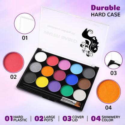 Face Painting Kit for Kids, 15 Colors Water-Based Face Paint Palette with Stencils | Safe Skin-Friendly Body Paint for Halloween Makeup, Birthday, Sport & School Events