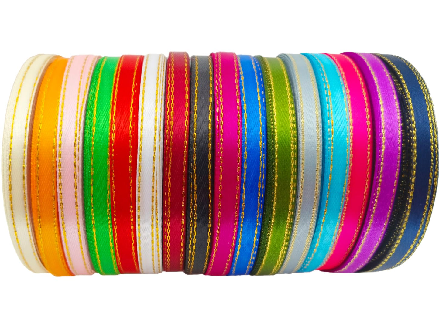 JESEP YONG 1/4" Gold Edge Solid Satin Polyester Ribbon, Mixed 16 Colors, 16 Rolls, 400 Yards, Ideal for DIY Crafts, Gift Wrapping, Wedding, Anniversary, Birthday