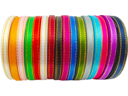 JESEP YONG 1/4" Gold Edge Solid Satin Polyester Ribbon, Mixed 16 Colors, 16 Rolls, 400 Yards, Ideal for DIY Crafts, Gift Wrapping, Wedding, Anniversary, Birthday