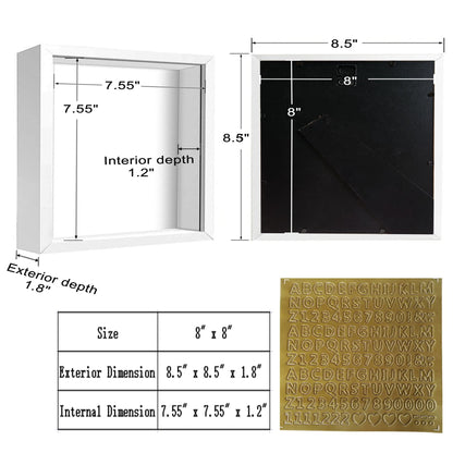 TouYinger 8x8 White Shadow Box Frame Display Case (2 Packs) with Letter Stickers, Display Case Box for Memorabilia, Baby Items, Wedding Memories, Crafts, Tickets and Photos