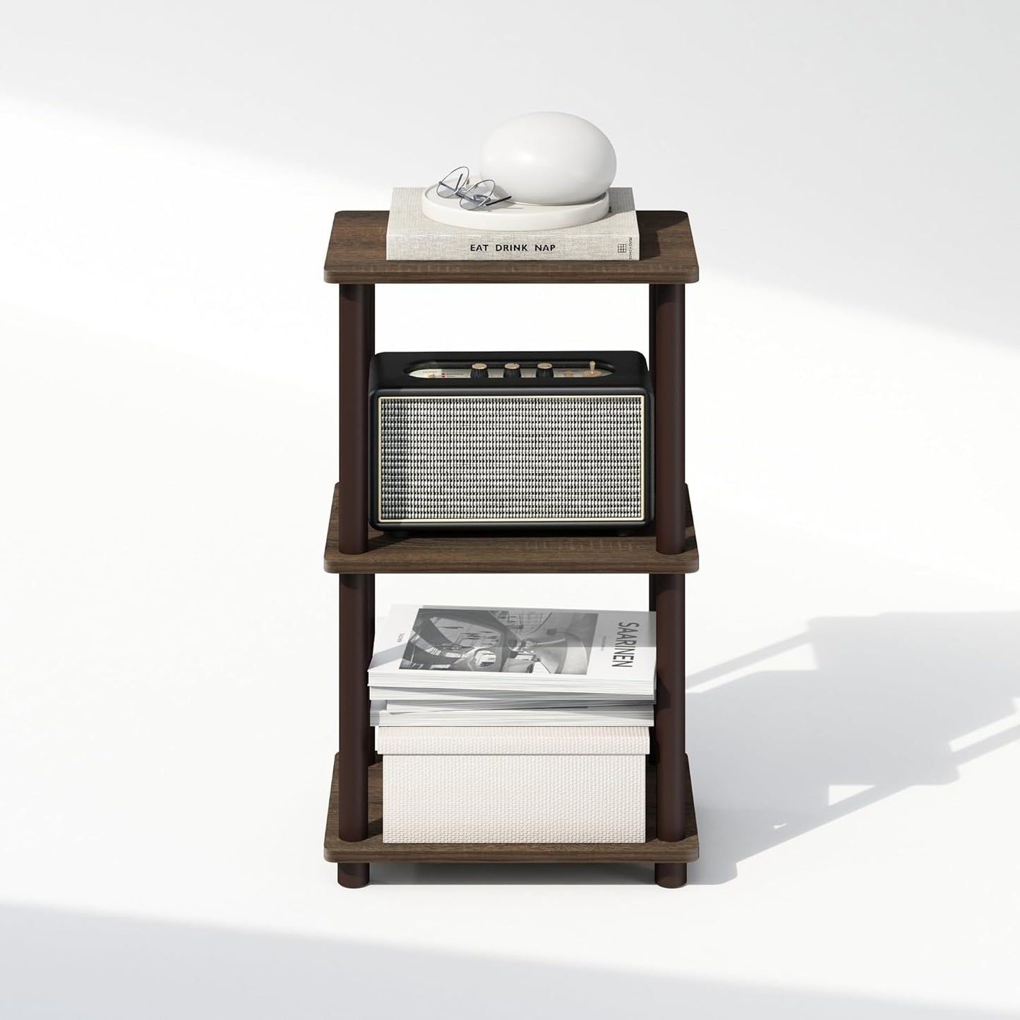2-Tier Furinno Turn-N-Tube Side Table, End Table with Open Shelf, Easy Assembly Night Stand, Bedside Table with Round