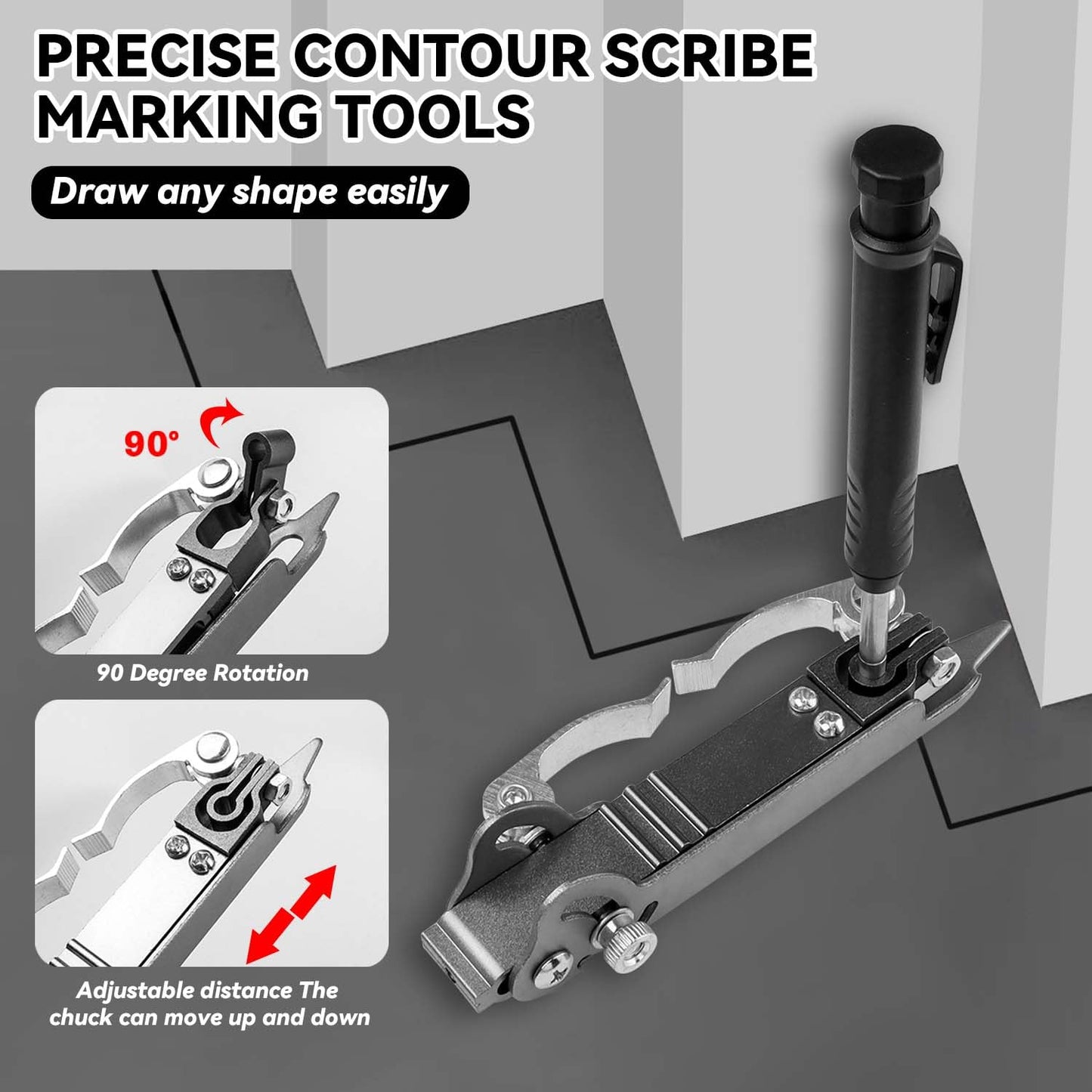 YAKAMOZ Multi-function Scribing Tool with Deep Hole Construction Pencil, Aluminum Alloy Carpenter Woodworking Compass Scriber Precise Contour Scribe Marking Tools