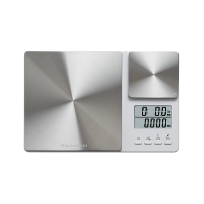 KitchenAid KQ909 Dual Platform Digital Kitchen and Food Scale, 11 Pound Capacity and Precision 16oz Capacity, White with Stainless Steel
