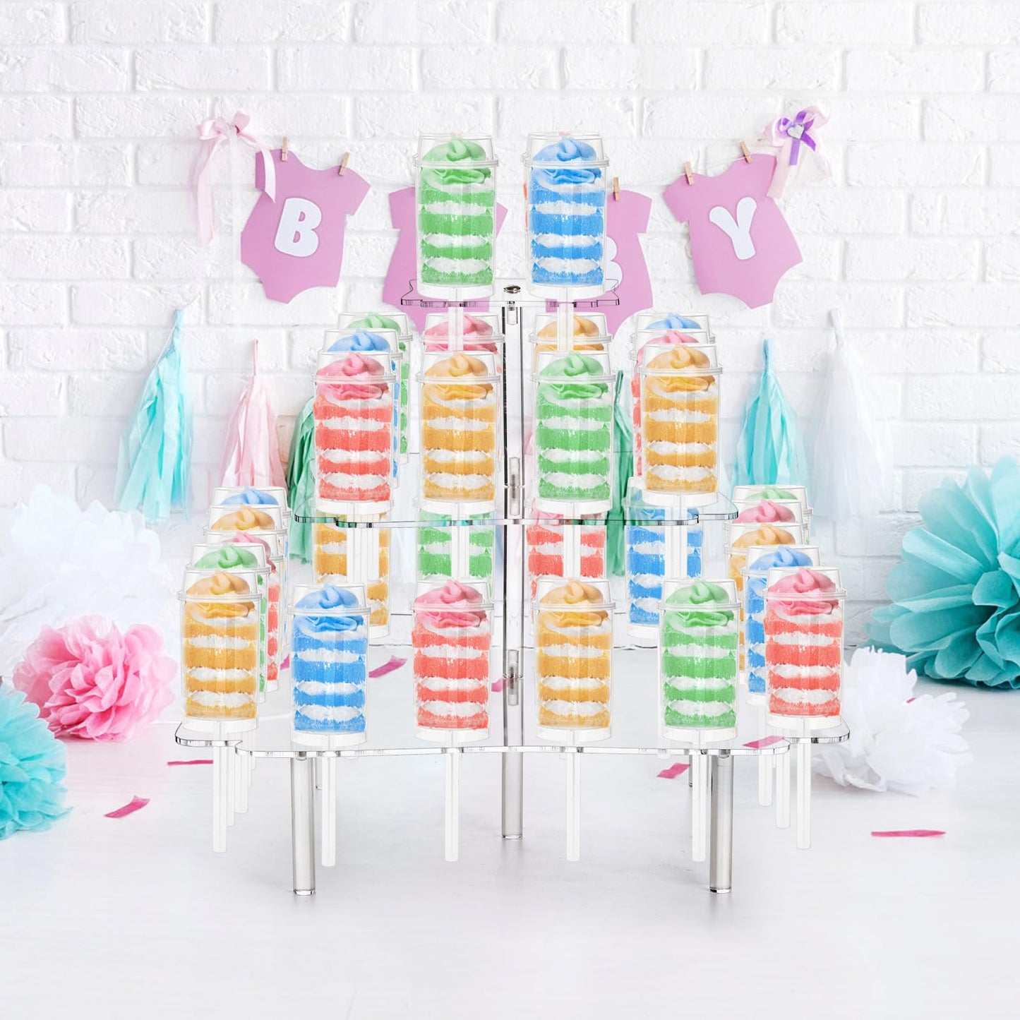 TOPZEA 32 Pack Push Cake Pop Containers & 32 Holes Acrylic Clear Cake Stand, Plastic Reusable Round Shaped Push Up Cakes Pop Shooters Cup with Lids & Treat Stand for Wedding Birthday Christmas Party