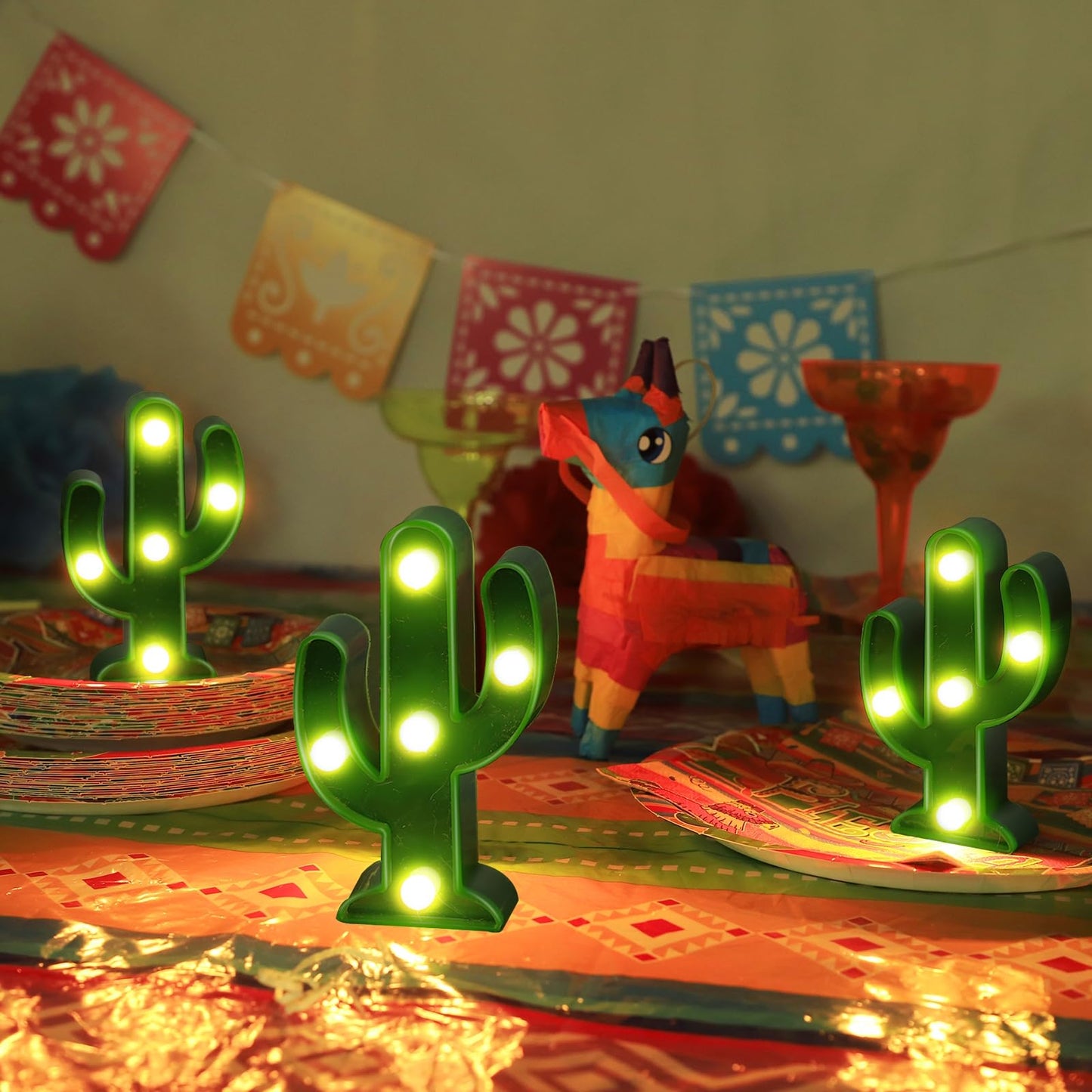TURNMEON 3 Piece Cactus Decor LED Cactus Light Cinco De Mayo Decorations, Fiesta Mexican Party Decorations Green Cactus Night Light Table Lamps for Kid's Room Bedroom Home Decor (4.72 x 2.76 Inch)
