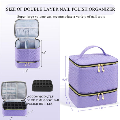 RZMAYIS Nail Polish Organizer, Nail Polish Storage Holds 30 Bottles & Nail Lamp, Double Layer Nail Bag Organizer Case, Portable Nail Polish Holder for Nail Tech Travel & Manicure Kit