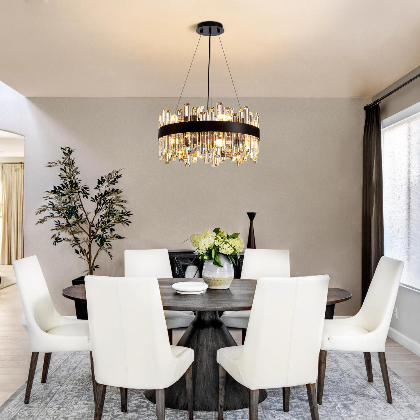 Siljoy Black Crystal Chandelier for Dining Room, Modern 2-Tiers K9 Crystal Raindrop Chandelier 12 Lights Farmhouse Pendant Ceiling Light for Living Room Kitchen Island Entry Foyer D19.7''
