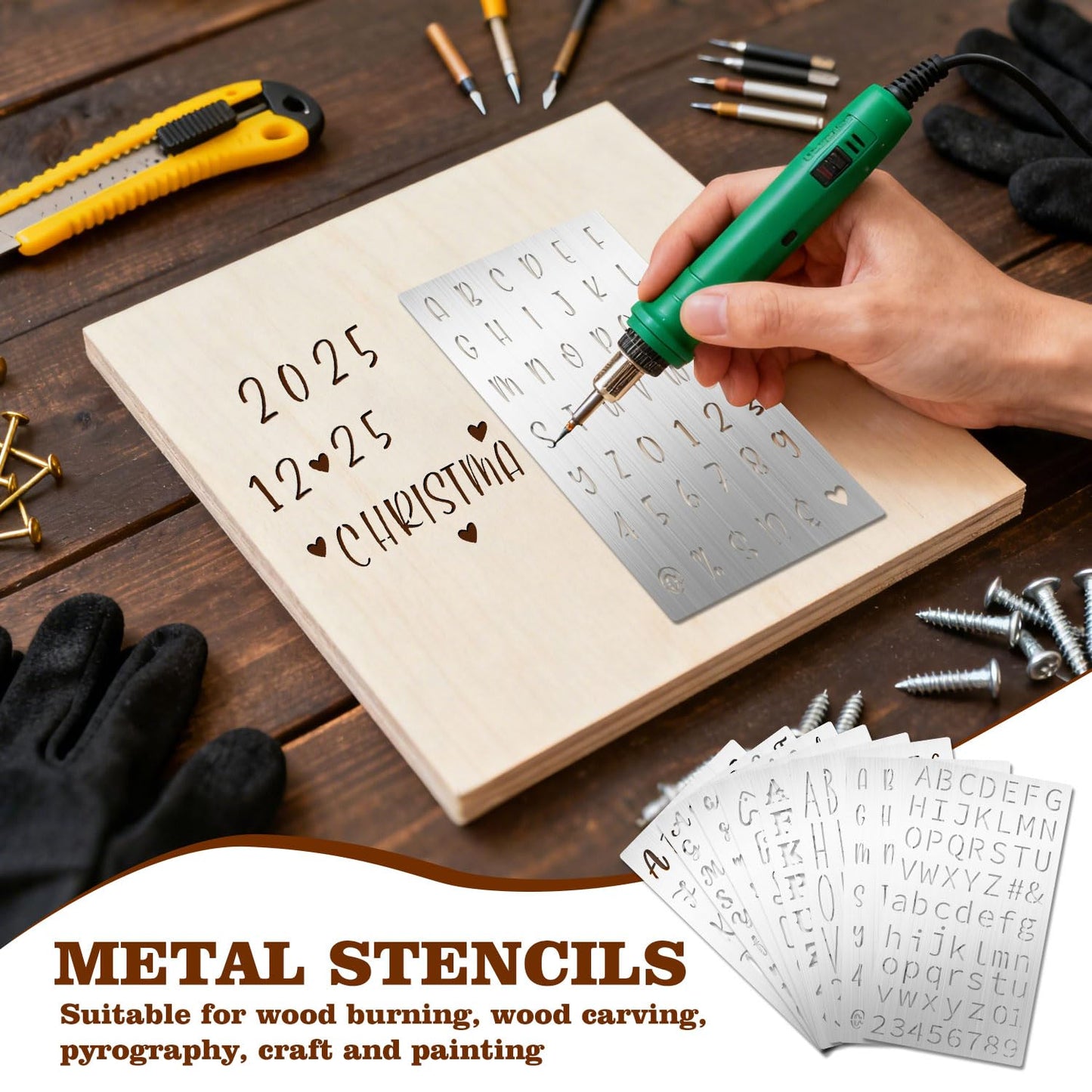 Eageus 8 Pcs Metal Letter Stencils Wood Burning Stencil Lettering Stencils, Small Reusable Alphabet Painting Template for Carving Drawing Engraving Journal Pyrography Craft(Letter Style)