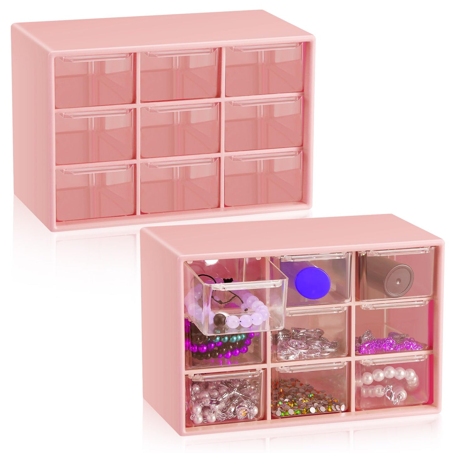Wenqik 2 Pcs Mini Storage Drawers Teacher Toolbox Organizer with 9 Clear Drawers Small Plastic Desktop Teacher Desk Craft Organizer for Classroom Office 7" x 3. 9" x 4. 7"(Pink)