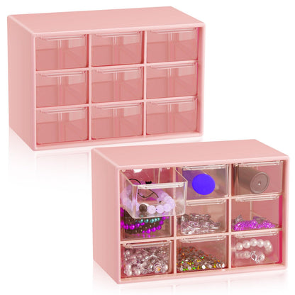 Wenqik 2 Pcs Mini Storage Drawers Teacher Toolbox Organizer with 9 Clear Drawers Small Plastic Desktop Teacher Desk Craft Organizer for Classroom Office 7" x 3. 9" x 4. 7"(Pink)