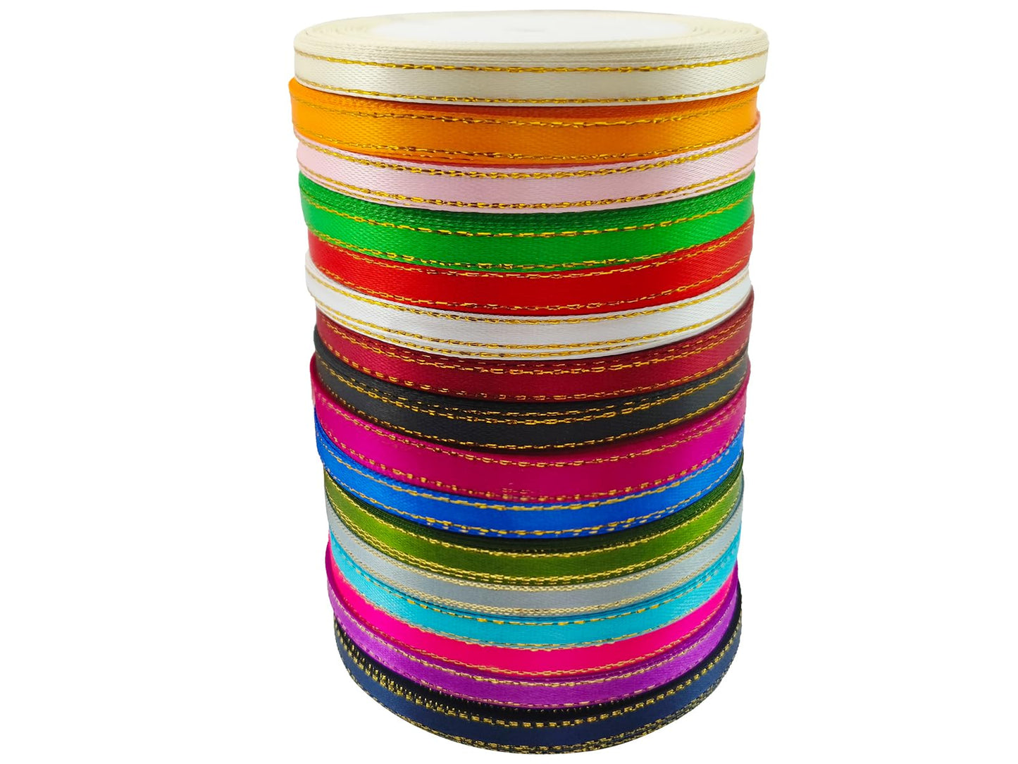 JESEP YONG 1/4" Gold Edge Solid Satin Polyester Ribbon, Mixed 16 Colors, 16 Rolls, 400 Yards, Ideal for DIY Crafts, Gift Wrapping, Wedding, Anniversary, Birthday