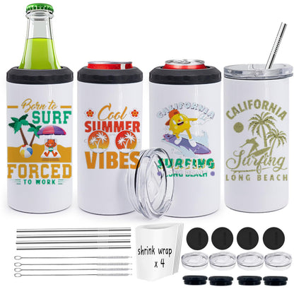 ZREGGUR 4 Pack 4 in 1 Can Cooler 16 oz Sublimation Blank Tumbler with Metal Straw,Straw Brush,Shrink Wrap, Non-Slip Coaster, Lid, Individually Boxed Standard Beer Cans,Canning Cans