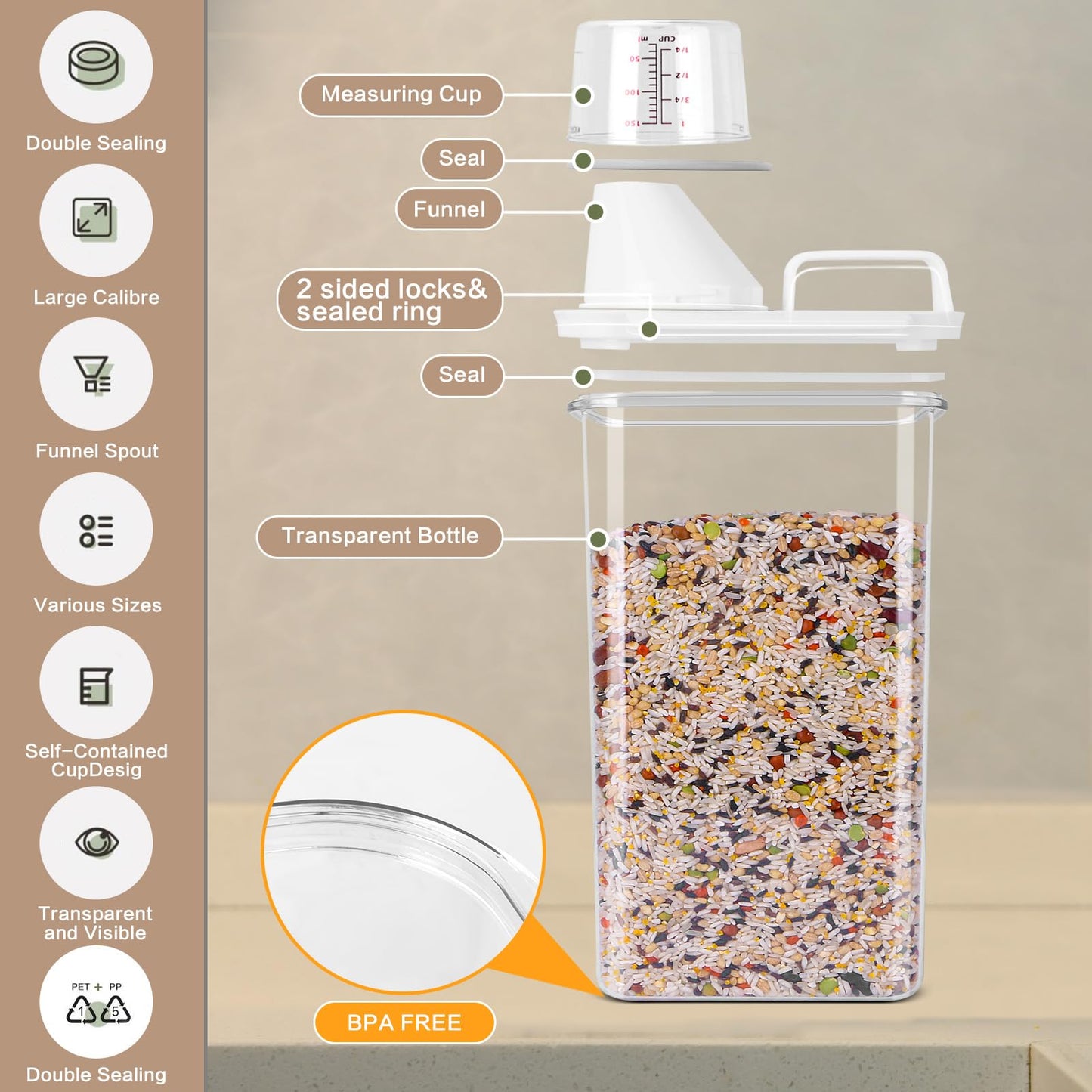 Air Tight Cereal Container Organizer Set of 6 - 1800ML & 2300ML Total 417oz, Dry Food Storage for Pet Food, Rice, Oatmeal with Pour Spout Lid and Plastic Small Measuring Cup for Flour and Sugar