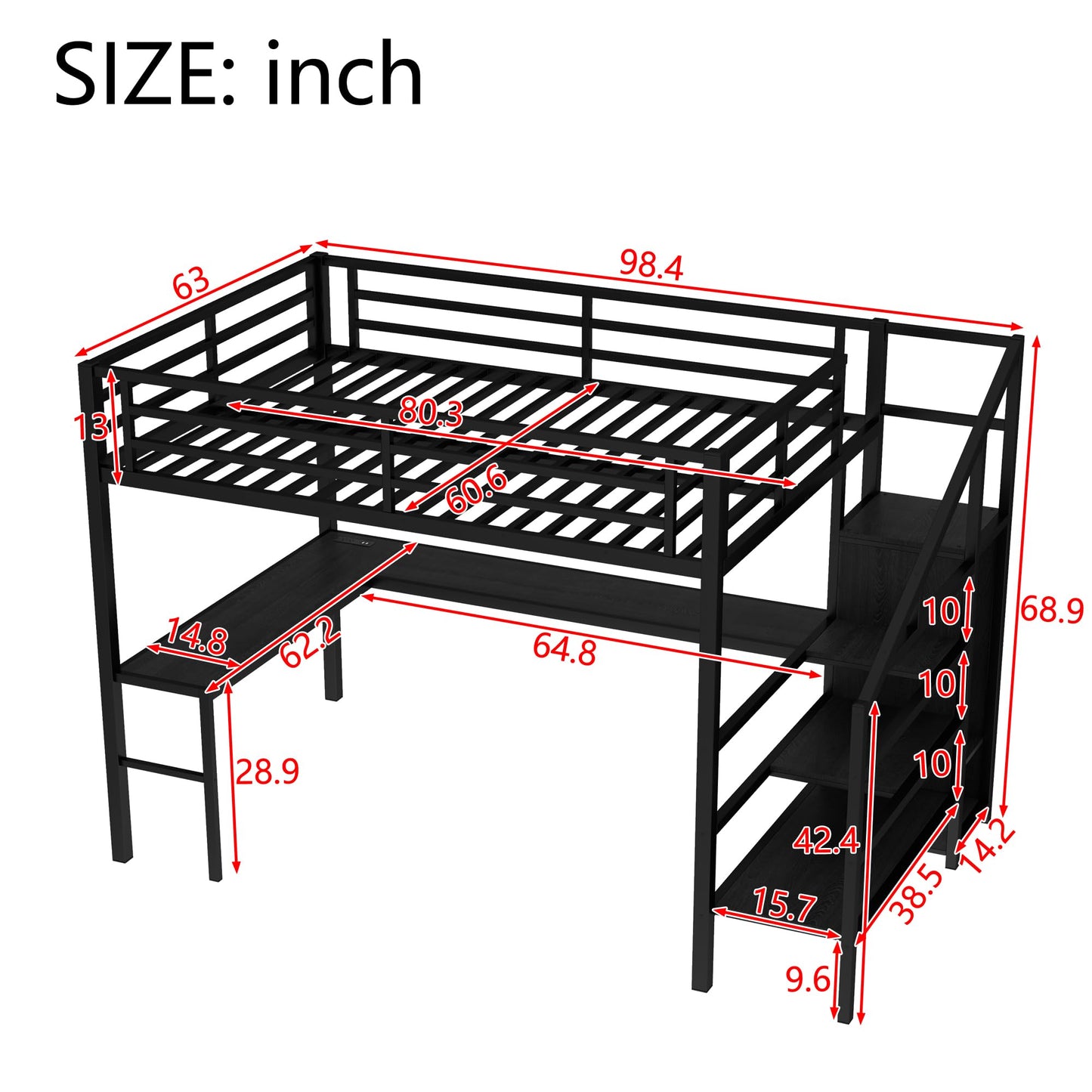 Bellemave Queen Loft Bed with Desk & Wardrobe, Heavy Duty Metal Loft Beds Frame with Storage Stairs, LED Loft Bed Queen Size with Charging Station & Safety Guardrails, No Box Spring Needed, Black