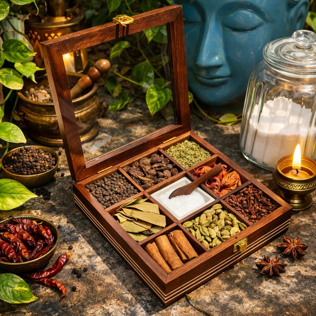 AB Handicrafts Premium Wooden Spice Box with Glass Lid – 9 Compartment Masala Organizer for Kitchen Countertop Storage