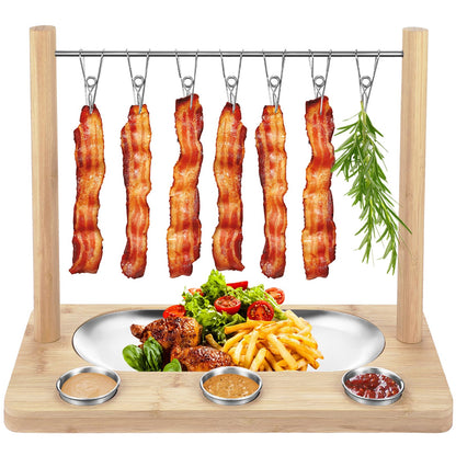 Triceratops Bacon Display Rack, Wood Bacon Serving Dishes, Bacon Hanger Charcuterie Cheese Board with Stainless Steel Serving Platter Tray