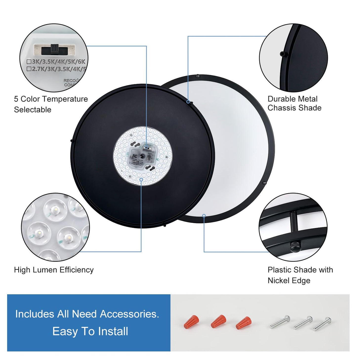 DLLT Flush Mount LED Ceiling Light: 16 Inch 5CCT (3000K-6000K) & Dimmable Ceiling Light Fixtures for Bedroom Hallway - 36W Modern Black Super Bright Kitchen Lighting Fixtures Ceiling