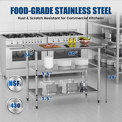 Stainless Steel Work Table 24 x 60 Inch with 2 Adjustable Undershelves, Heavy-Duty Metal Prep Table for Commercial Kitchen & Restaurant, Garage, Outdoor