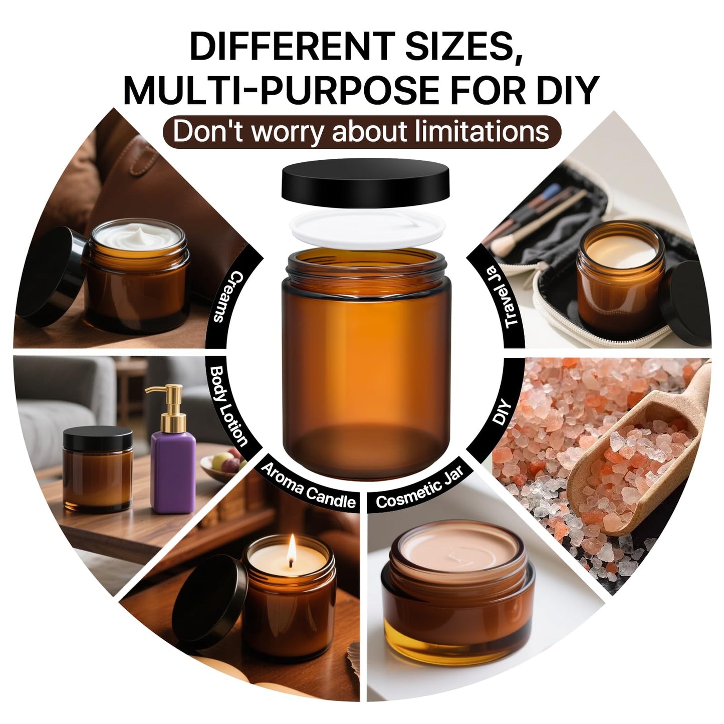 8oz, 4oz, 2oz and 1oz Amber Glass Jars with Lids, 8-Pcs Amber Jars with Inner Liners, Round Dark Jars for Making Candle, Cosmetice Container, Lotion Jar, with Sticker and 8p Spatulas