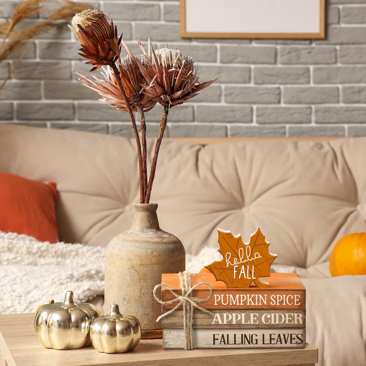FairySandy 4 Pcs Thanksgiving Decorations for Home Fall Tiered Tray Decor Wood Book Stack with Sign Autumn Stacked Book Decor Bundle for Office Table Shelf Decorative Trays(Maple Leaf)