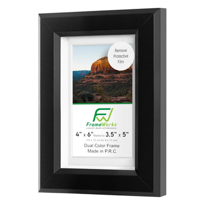 FrameWorks 2-Pack 1 3/8" Thick Black Wooden Shadow Box Picture Frames 4” x 6” with Removable White Mat to 3.5" x 5" Photo