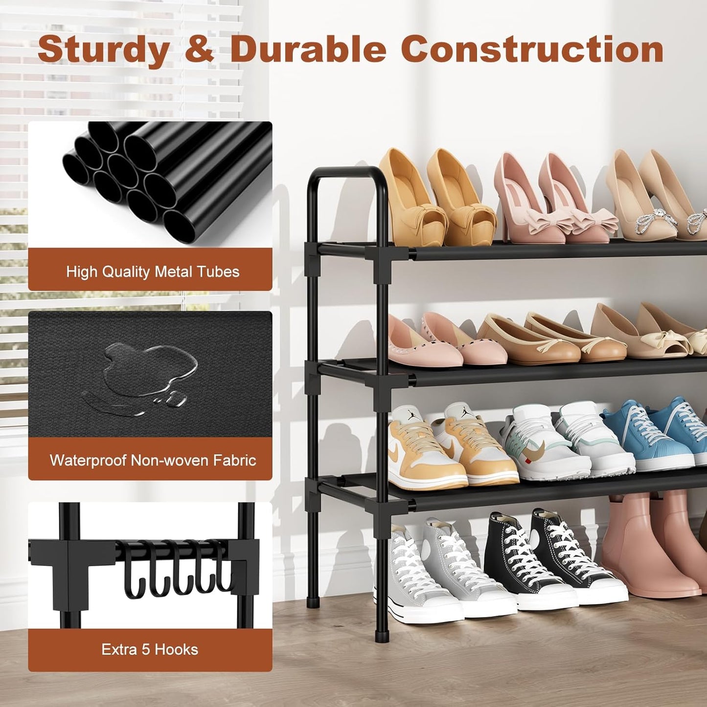 Closet, 12-16 5 Long Shoe Rack for Pairs Stackable Shoe Organizer, Shoe Shelf Storage for Sneakers & Boots Shoe Storage
