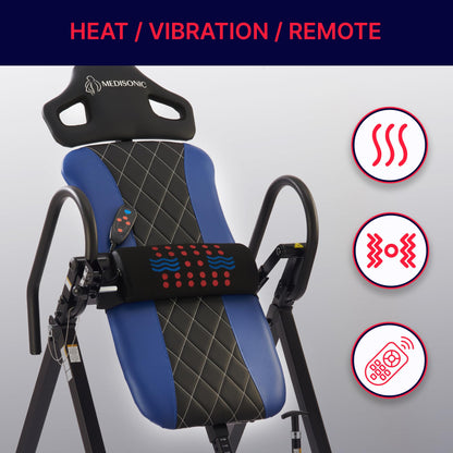 MediSonic Pro Inversion Table with Adjustable Heat & Vibrating Massage Lumbar Pad, Diamond-Stitched Comfort Backrest, Multiple Inversion Angles, 300 lb Capacity, Home Use, Blue