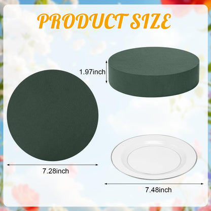 Threlaco 12 Sets Round Floral Foam and Clear Plastic Saucer Plant Drip Tray Floral Flower Dish Green Foam for Artificial Flowers Wedding Home Party Decoration (7 Inches)