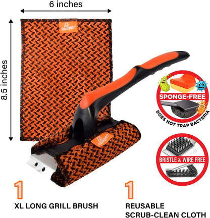 Set Proud Grill Q-Swiper XL Scrub-Clean BBQ Grill Cleaner - Long Bristle-Free Brush with Scraper & Scrub-Clean Reusable