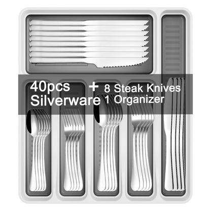 49-Piece Stainless Steel Silverware Set with Cutlery Organizer, Service for 8 with Steak Knives and Kitchen Utensils