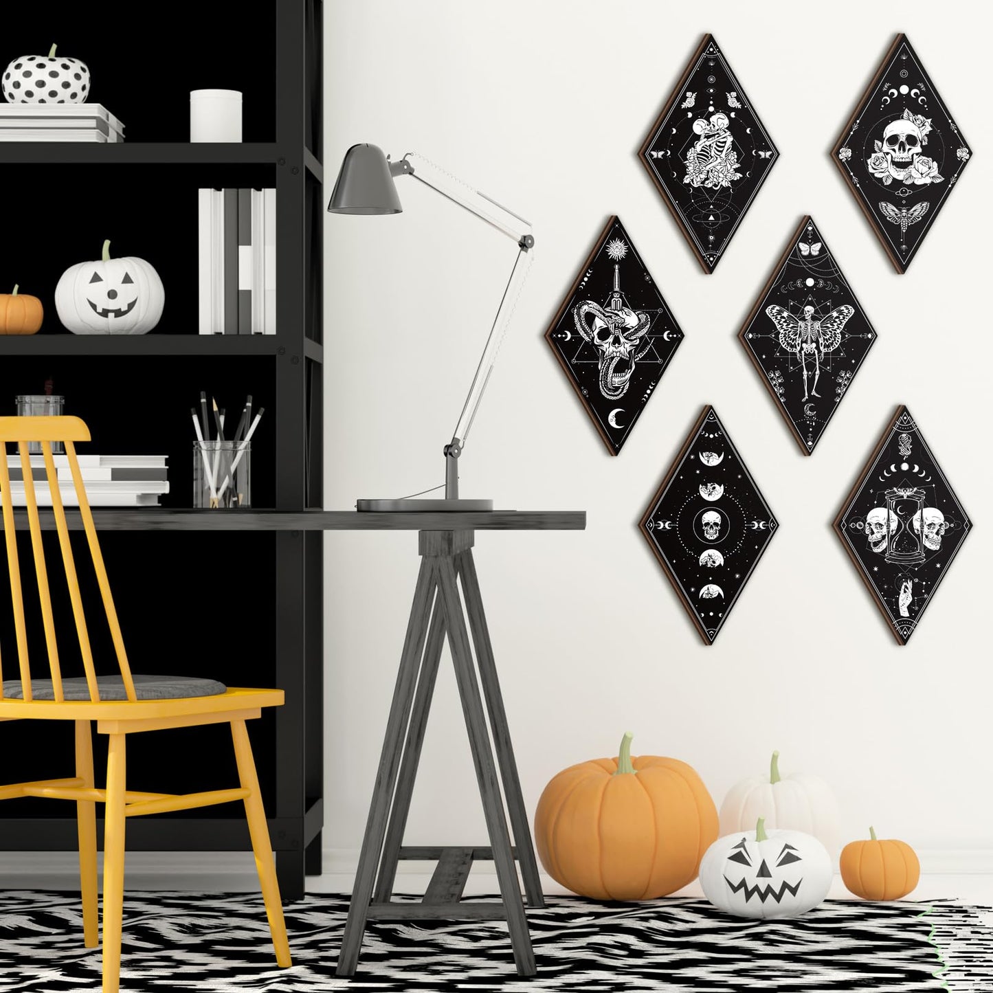 Huwena 6 Pack Gothic Wall Decor for Bedroom Living Room Dark Boho Skull Moon Snake Sun Phase Wooden Hanging Art