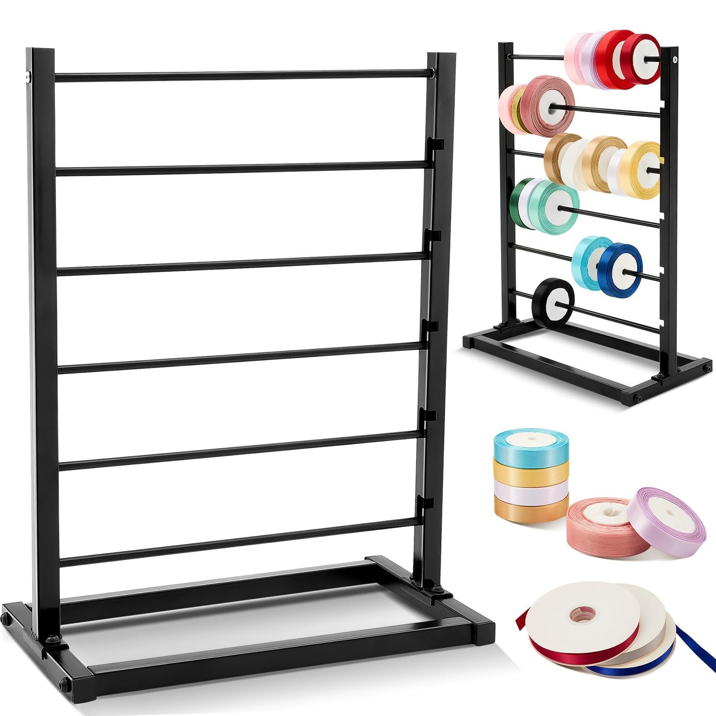 Menkxi 6 Tier Metal Ribbon Holder Organizer Rack Ribbon Rack Display Shelf Spool Holder Storage Organizer for Sewing Craft Thread Tape Wreath Crochet Roll Flower Store Wrapping Gift(Black)