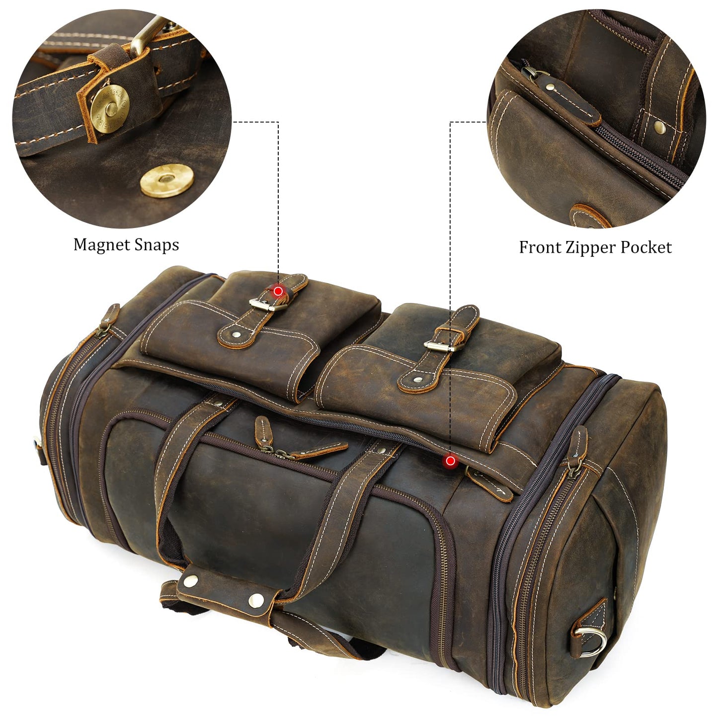 Polare 23" Expandable to 29'' Duffel Retro Thick Full Grain Cowhide Leather Gym Weekender Overnight Luggage Bag For Men