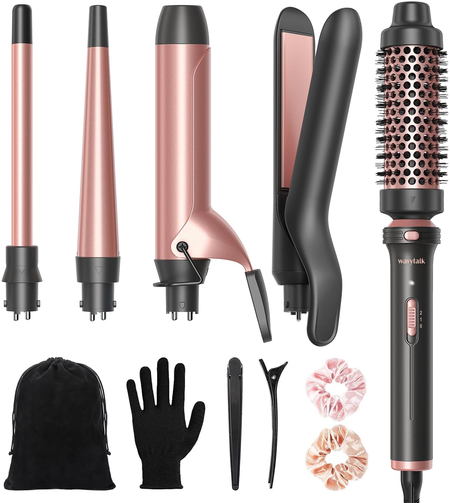 Wavytalk 5 in 1 Curling Iron,Curling Iron Set with Heated Round Brush and 4 Interchangeable Ceramic Curling Wand(0.5”-1.25"), Instant Heat Up,Dual Voltage Hair Curler